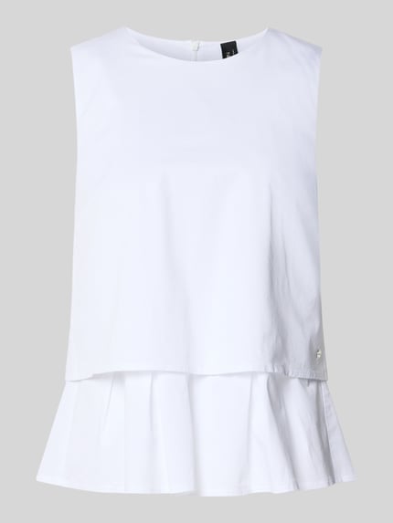 Produktfoto, Blusenshirt mit Volantsaum und Rundhalsausschnitt von Marc Cain, Weiß, Baumwoll-Viskose-Mix, Gerader-Schnitt, Rückseitiger Reißverschluss, Rückenlänge 59 cm bei Größe 36