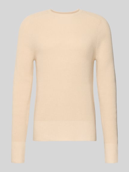 Produktfoto, Strickpullover aus Baumwoll-Kaschmir-Mix mit gerippten Abschlüssen van FTC-Cashmere in beige, regular fit, rechte vormen, gladde textuur.