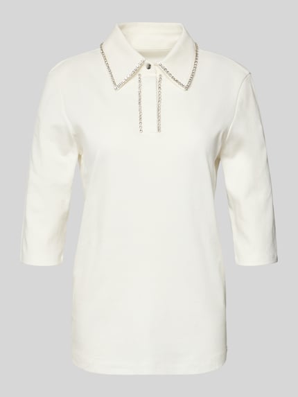Produktfoto, Blusenshirt mit Umlegekragen und Ziersteinbesatz von Marc Cain, biała bawełna, regular fit, 3/4 rękaw, długość 58 cm