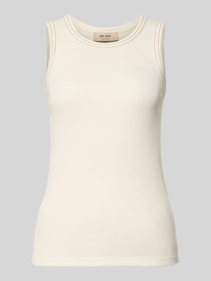 Produktfoto, Tanktop mit Logo-Stitching Modell 'Ara' von MOS MOSH, kremowy, bawełniany, krój slim fit, drobny prążek, okrągły dekolt, kontrastowe szwy, długość tyłu w rozmiarze S: 58 cm