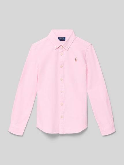 Produktfoto, Regular Fit Hemdbluse aus reiner Baumwolle Modell 'TRINETTEOX-SHIRTS-BUTTON' von Polo Ralph Lauren Teens, różowa, jednolita, krój regular fit, kołnierzyk button-down, logo, długi rękaw, mankiet, pikowana bawełna