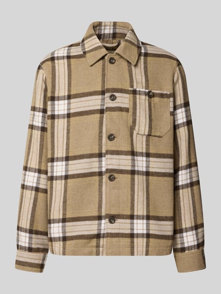 Produktfoto, Regular Fit Hemdjacke aus Flanell mit Kentkragen von GUESS, kariertes Muster in Braun- und Beigetönen, Brusttasche, Allover-Look, Rückenlänge bei Größe M 67 cm