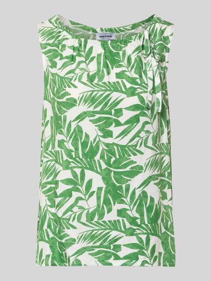Produktfoto, Blusenshirt mit Binde-Detail und Rundhalsausschnitt von More & More, grün-weißes Blattmuster, Reine Viskose, Gerader-Schnitt, Rückenlänge 57 cm bei Größe 36.