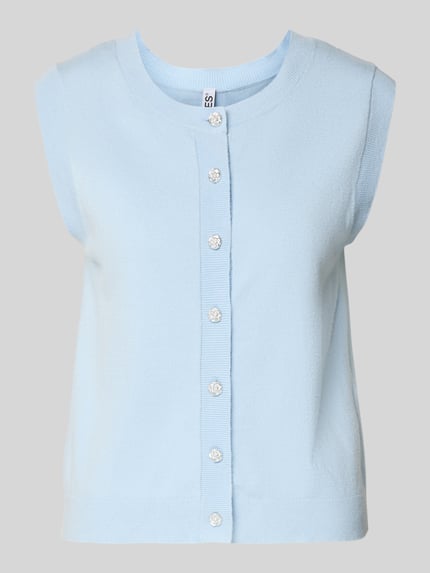 Produktfoto, Regular Fit Pullunder aus Viskose-Mix Modell 'ORINA' von Pieces in hellblauem Feinstrick mit Zierknöpfen, unifarbene Optik