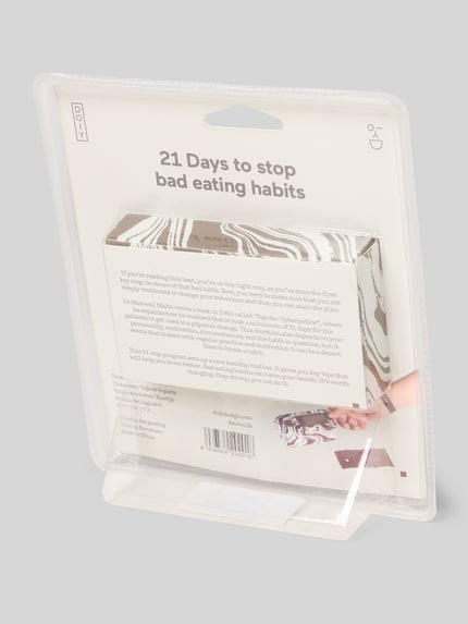 Produktfoto, Ticketbox mit Motivationsarmband von Doiy, Modell '21 Challenge Eating', 21-dniowe wyzwanie, biało-brązowe fale, kontekst: 21-dniowe pudełko wyzwań z motywacyjną bransoletką