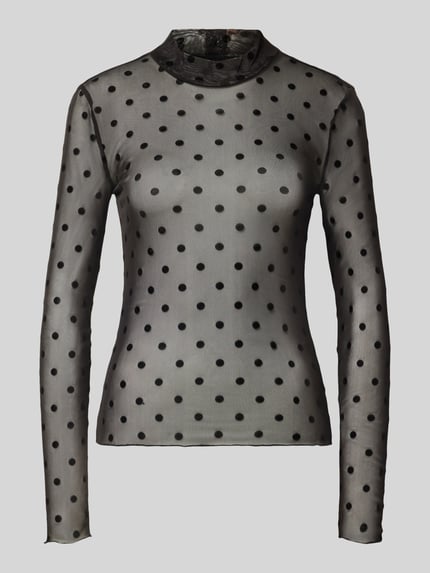 Produktfoto, transparentes Slim Fit Langarmshirt mit Allover-Muster Modell 'JESHI' von PIECES, grau mit schwarzen Punkten, feine Netzstruktur