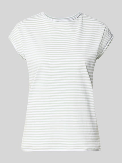 Produktfoto, t-shirt z okrągłym dekoltem od Christian Berg Woman, damski t-shirt z bawełny, krój regular fit, zrolowany brzeg, długość tyłu w rozmiarze S: 55 cm, białe i szare paski, gładka tekstura
