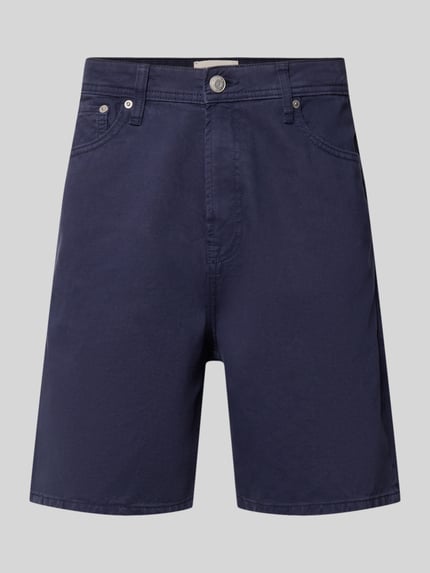 Produktfoto, dunkelblaue Bermudas im 5-Pocket-Design Modell 'TONY ORIGINAL' von Jack & Jones aus reiner Baumwolle, Straight Fit, mit Knopf- und Reißverschluss, Bundweite bei Größe M 42 cm, Innenbeinlänge 20 cm, glatte Oberfläche