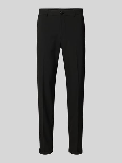 Produktfoto, schwarze Regular Fit Stoffhose mit Viskose-Anteil Modell 'Liam' von Matinique, Bügelfalten, glatte Textur, schlichte Form.