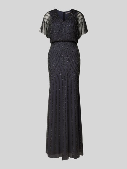 Produktfoto, Abendkleid mit Perlenbesatz und V-Ausschnitt von Christian Berg Cocktail, Gerader-Schnitt, Maxikleid, dunkel, transparente Textur.