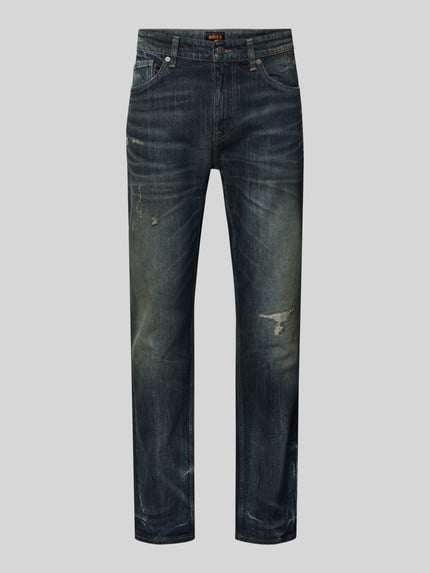 Produktfoto, Slim Fit Jeans aus Baumwoll-Mix Modell 'DELAWARE BO IMAGE' od BOSS Orange, efekt: jednolity kolor, efekt znoszenia, 5 kieszeni, wyhaftowane logo, naszywka z logo, detal z logo, szlufki na pasek, zapięcie na guzik i ukryty zamek błyskawiczny, denim, mieszanka bawełny