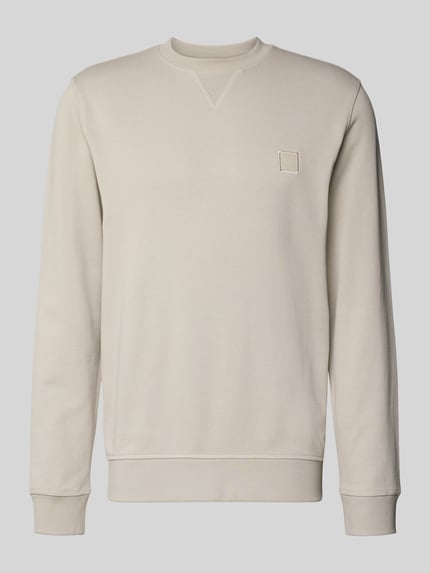 Produktfoto, Regular Fit Bluza aus reiner Baumwolle Modell 'WESTART' von BOSS Orange, efekt: jednolity kolor, wyhaftowane logo, detal z logo, okrągły dekolt, długi rękaw, elastyczne wykończenie, drobne prążkowanie, materiał: bawełna.