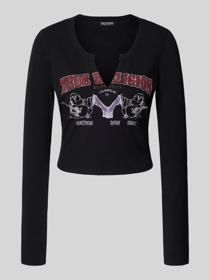 Produktfoto, Cropped Longsleeve mit Label-Print Modell 'BUDDHA' von TRUE RELIGION, schwarz mit Material-Mix und Viskose-Anteil, Slim Fit