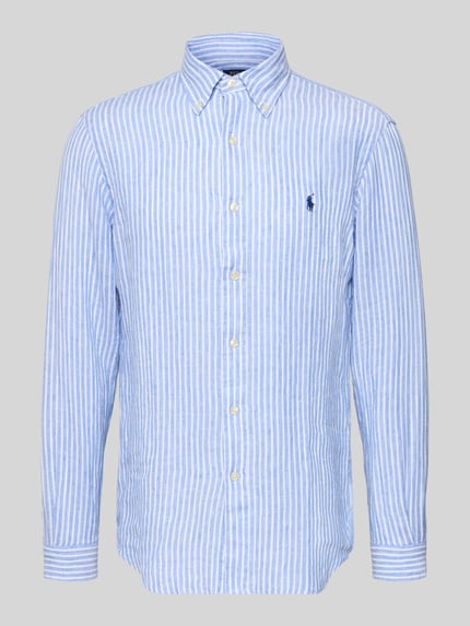 Produktfoto, Regular Fit Freizeithemd aus reinem Leinen von Polo Ralph Lauren, hellblau-weiß gestreift, Button-Down-Kragen, Logo-Detail, glatte Leinenstruktur.
