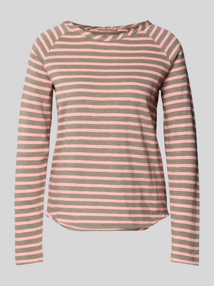 Productfoto, Longsleeve met ronde hals van Smith and Soul, dames, regular fit, biologisch katoen, roze en olijfgroene strepen, ruglengte 57 cm.