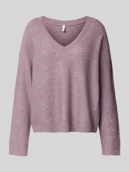 Produktfoto, Regular Fit Strickpullover mit Paillettenbesatz Modell 'ARIZONA' von Only in Melange-Optik, V-Ausschnitt, langarm, gerippte Abschlüsse, Strickstruktur