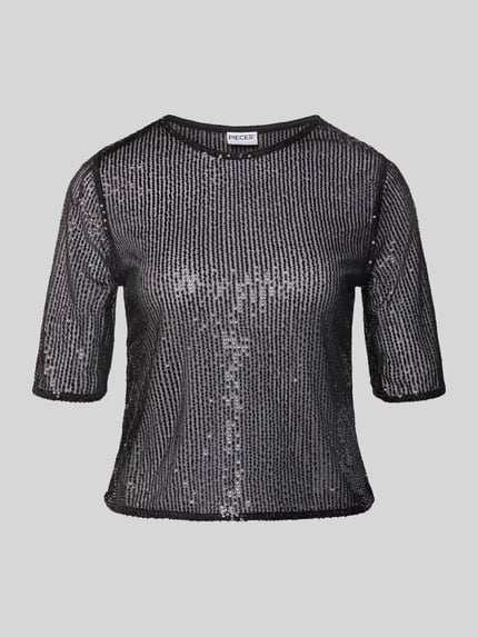 Produktfoto, Shaped Fit T-Shirt mit Paillettenbesatz Modell 'JACK' von Pieces, schimmernde Mesh-Oberfläche, glänzende Optik, kurzarm, Rundhals.