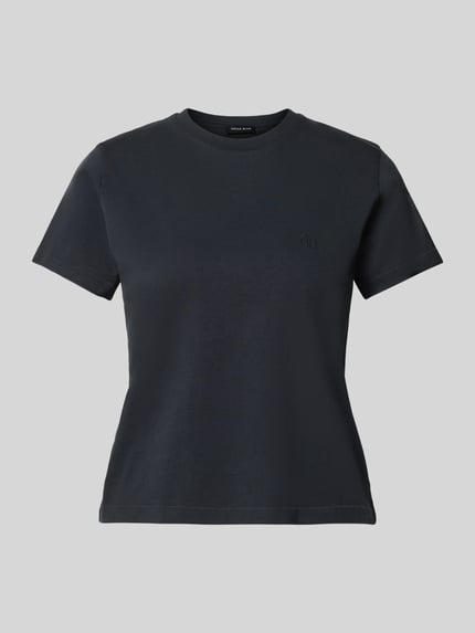Produktfoto, damski t-shirt Regular Fit T-Shirt mit Logo-Stitching von Anine Bing, czarna bawełna, wyhaftowane logo, okrągły dekolt, krótki rękaw, długość tyłu w rozmiarze S: 52 cm