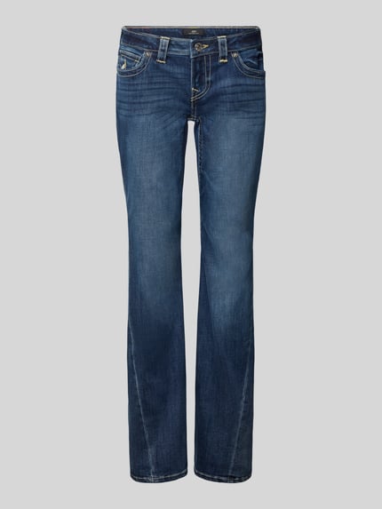 Productfoto, donkerblauwe bootcut-jeans uit katoenmix met lichte wassing, Bootcut-Jeans aus Baumwoll-Mix Modell 'JOEY' van TRUE RELIGION, dames bootcut-jeans