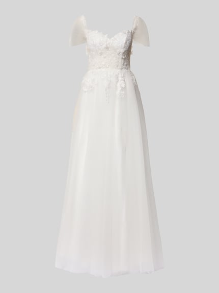 Produktfoto, Brautkleid z dekoltem w kształcie serca od Luxuar, taliowany krój, falbany, wszyty zamek błyskawiczny, halka, długość tyłu 137 cm, szerokość klatki piersiowej 40 cm, rozmiar 36, materiał matowy, odcień biały.