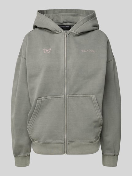 Produktfoto, Oversized Sweatjacke mit Känguru-Tasche Modell 'NIVELLES' von Pegador, Baumwoll-Mix, Logo, Reißverschluss, Damen, grau-grün, weiche Textur