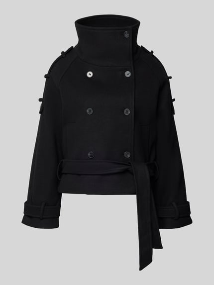 Produktfoto, Regular Fit Jacke mit Bindegürtel von Gina Tricot in Schwarz, Material-Mix mit Woll-Anteil, Zweireiher, Stehkragen, Knopfverschluss