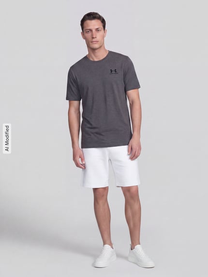 Mannenmodel draagt Regular Fit Sport-T-Shirt aus Baumwoll-Mix van Under Armour in donkergrijs, glad oppervlak, Ganzkörperansicht van voren, KI-modificeerd beeld