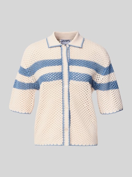 Produktfoto, Cardigan mit Polokragen und 1/2-Arm von Jake*s Casual, kremowy z niebieskimi paskami, bawełna, prosty krój, tekstura siateczki