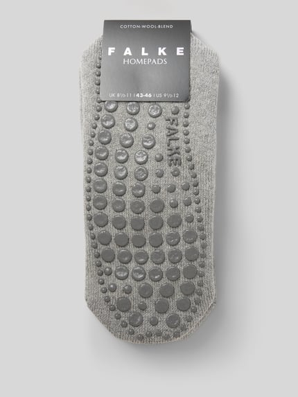 Produktfoto, Socken mit geripptem Abschluss von Falke, Herren Socken aus Baumwoll-Woll-Mix mit Stretch-Anteil, Anti-Rutsch-Besatz, grau meliert, strukturierte Noppen-Textur.