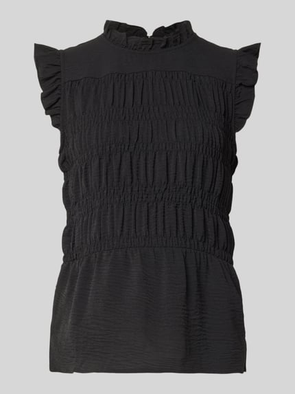 Produktfoto, Blusentop mit Rüschenkragen Modell 'CATH' von Soyaconcept, Körpernaher-Schnitt, Rüschenärmel, Smok-Detail, schwarze Textur