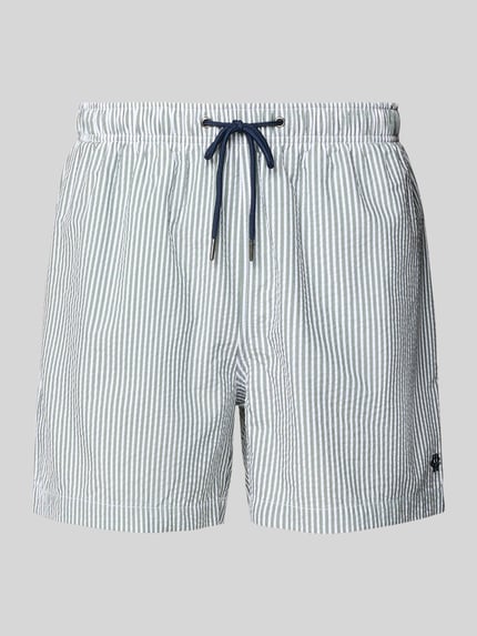 Produktfoto, Badehose mit elastischem Bund und Tunnelzug von MCNEAL in Weiß mit feinen grauen Streifen, Baumwoll-Mix, Regular-Fit, Label-Stitching