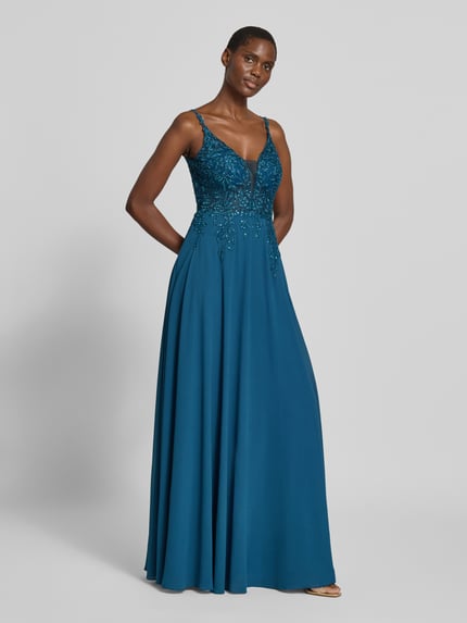 LUXUAR FASHION Avondjurk met stitchings en met siersteentjes Petrol - 1