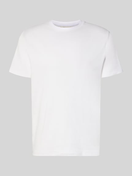 Produktfoto, weißes SELECTED HOMME Regular Fit T-Shirt aus Baumwoll-Mix Modell 'SPENCER' mit feinen Streifen und Rundhalsausschnitt, unifarben