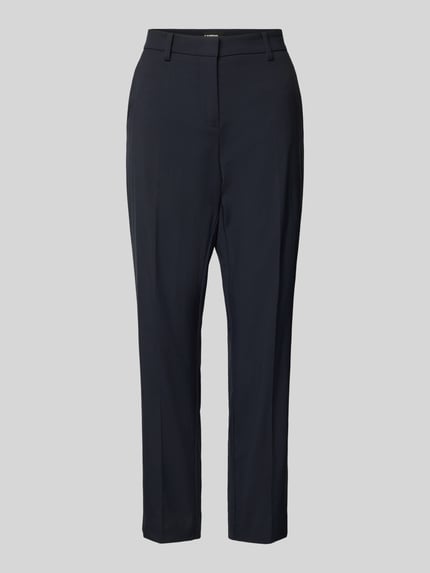 Productfoto, donkere regular fit damesbroek met verkorte pasvorm, model 'KRYSTAL' van Cambio, steekzakken, gladde textuur