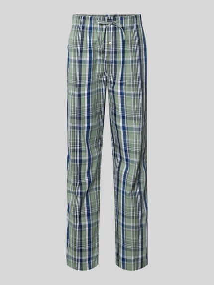 Produktfoto, Pyjama-Hose aus reiner Baumwolle von Christian Berg Men, grün-blau kariertes Muster, elastischer Bund, Label-Patch