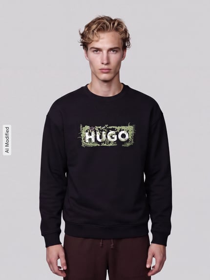 Mannenmodel draagt relaxed fit Heren sweatshirt van HUGO Model 'Niviocrew', look: effen, bloemenmotief, labelprint en motiefstitching, ronde hals, lange mouwen met ribboorden, rompzoom geribd, sweat, puur katoen, vooraanzicht, KI-modificeerd beeld.