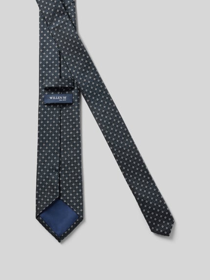 Productfoto, Seidenkrawatte aus reiner Seide (7,5 cm) van Willen, donkerblauw met structuurpatroon, labeldetail binnenzijde, Breedte maat 1: 8 cm