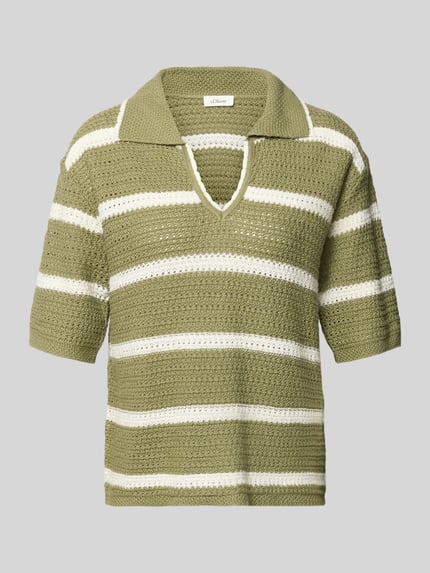 Productfoto, Regular Fit Poloshirt aus Baumwoll-Mix van s.Oliver RED LABEL met groen-wit streepmotief, polokraag, V-hals, korte mouwen, geribde boorden, gebreide katoenmix-structuur