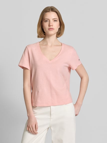 Tommy Hilfiger regular fit T-shirt van mix van katoen en linnen Roze - 4