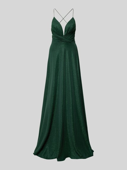 Produktfoto, Regular Fit Abendkleid in Glitzer-Optik von Luxuar in Dunkelgrün mit Wickel-Optik, Spaghettiträger, Schnür- und Reißverschluss, Rückenlänge 129 cm, Brustweite 32 cm, schimmernde Oberfläche.