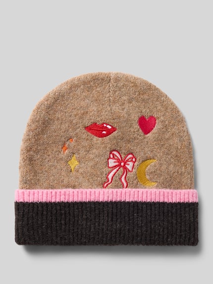 Produktfoto, Mütze mit verspielter Stickerei von PIECES in Melange-Optik mit Motiv-Print, Stickereien, Strick-Material, gerippter Bundabschluss