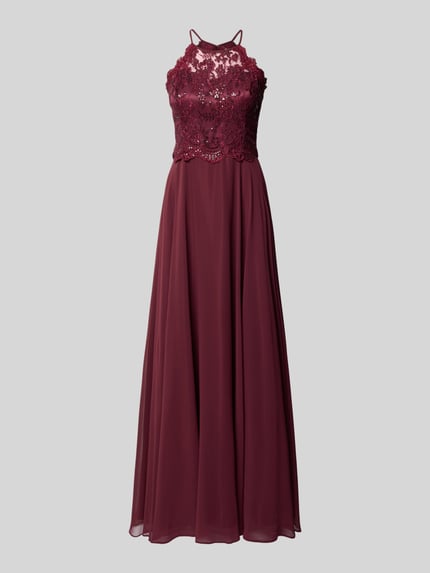 Productfoto, avondjurk met floraal kanten en pailletten, licht getailleerde pasvorm, chiffon, Maxilengte, Vera Mont, context: Dames avondjurk van VM by Vera Mont, licht getailleerd, bovendeel met kant en pailletten, ronde hals, mouwloos design, rug met cut-out, naadritssluiting, ruglengte maat 36: 155 cm, borstwijdte maat 36: 34 cm