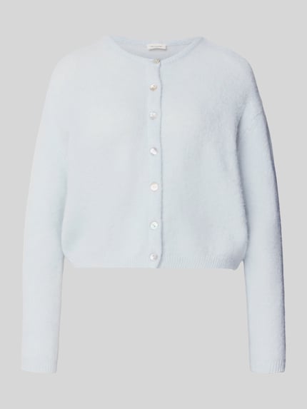 Produktfoto, Relaxed Fit Strickjacke aus Woll-Mix mit Leinen-Anteil von American Vintage, kardigan rozpinany z mieszanki wełny i lnu, krój relaxed fit, prążkowane ściągacze, na całej długości listwa guzikowa, krój z długim rękawem, długość tyłu w rozmiarze S: 52 cm, długość rękawów w rozmiarze S: 56 cm, jasnoniebieski, miękka tekstura