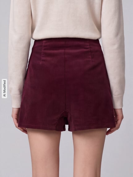 Kobiece modelka ma na sobie Regular Fit Short-Rock aus Baumwoll-Mix Model 'ZEVA' von ONLY, jednokolorowy sztruks, ozdobny guzik, detal w stylu kopertowym, zapięcie na ukryty zamek błyskawiczny, mieszanka bawełny, widok całej sylwetki z tyłu, KI-modifiziertes Bild.