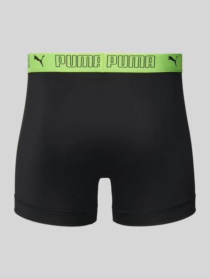 Produktfoto, Slim Fit Trunk mit Logo-Stitching von PUMA, czarny, zielony elastyczny pas, krój slim fit, elastyczny materiał