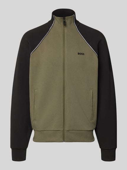 Produktfoto, Regular Fit Sweatjacke aus Baumwoll-Mix von BOSS Green in Two-Tone-Optik mit Stehkragen, Reißverschluss, Kontraststreifen, Piqué-Struktur