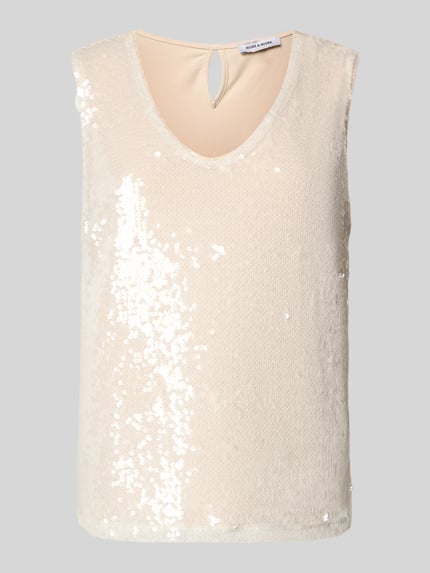 Produktfoto, Trägertop mit V-Ausschnitt und Pailletten von More & More aus Baumwoll-Mix mit Modal-Anteil, Regular-Fit, cremefarben, strukturierte Oberfläche