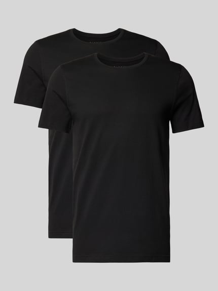 Produktfoto, T-Shirt aus Baumwolle mit Rundhalsausschnitt von bugatti in Schwarz, Slim Fit, glatte Struktur, zwei Stück nebeneinander