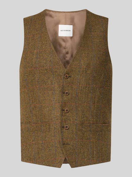 Produktfoto, Regular Fit Weste aus reiner Viskose mit Paspeltaschen von Roy Robson, braunes Fischgrätmuster, matte Knöpfe, neutrale Studioansicht. Kontext: Herren Weste, reine Viskose, Paspeltaschen, durchgängige Knopfleiste, V-Ausschnitt, Rückenlänge 60 cm, Schulterbreite 37 cm, Brustweite 51 cm