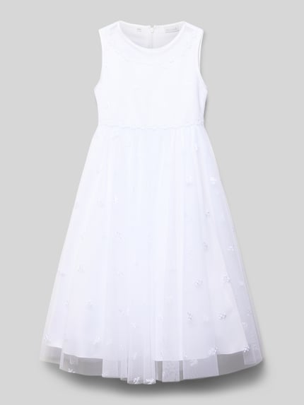 Produktfoto, weißes Minikleid mit Rundhalsausschnitt von Weise, taillierter Schnitt, Nahtreißverschluss, blickdichtes Unterkleid, Rückenlänge bei Größe 134: 87 cm, zarte Tülltextur, feine Stickereien.